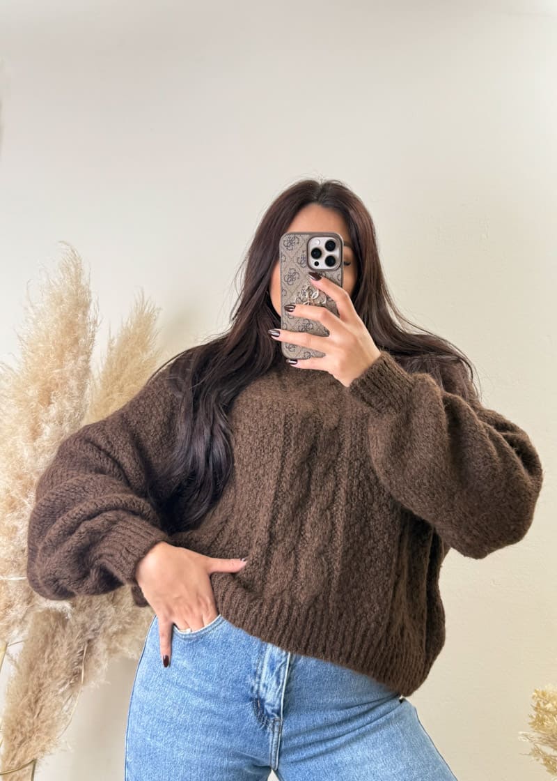 Zopfmuster Pullover Kurz Dunkelbraun