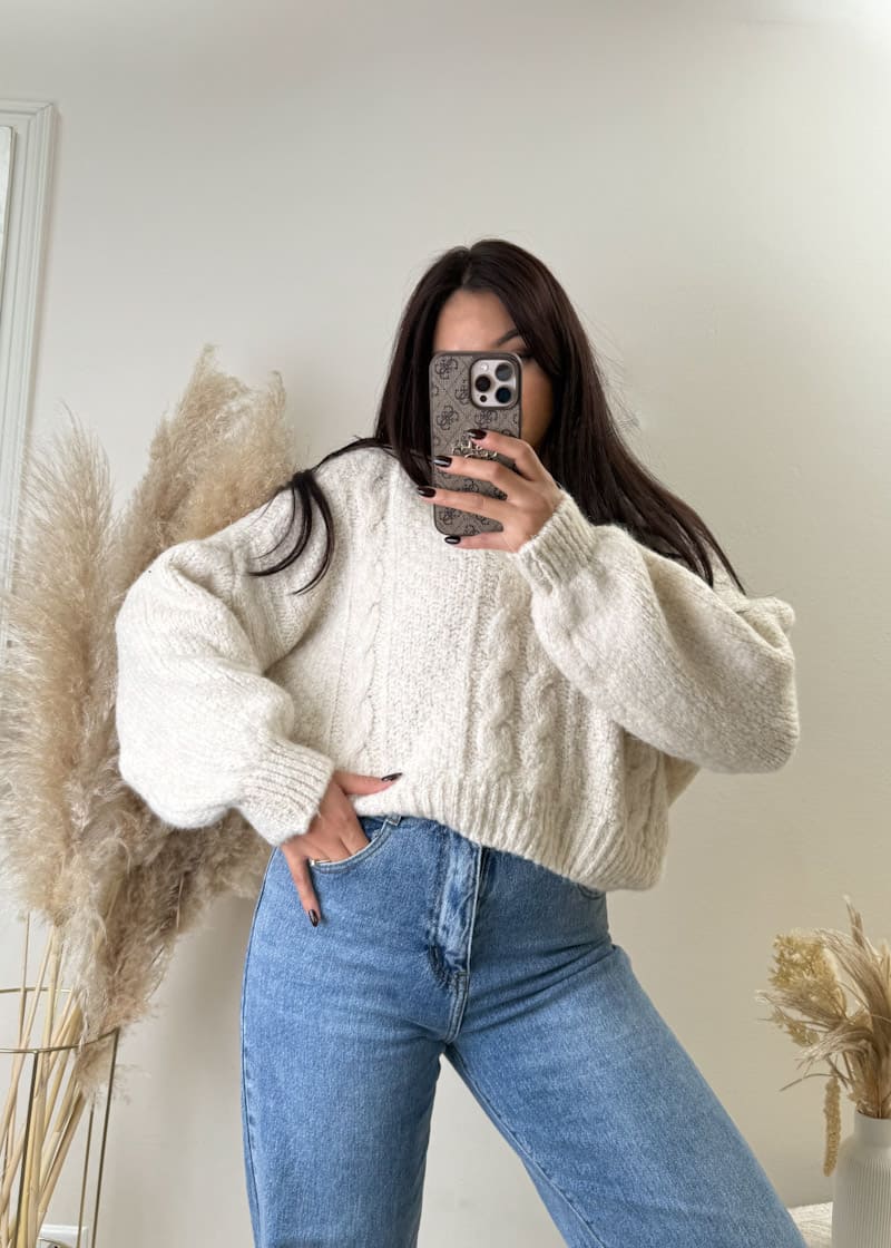 Zopfmuster Pullover Kurz Beige