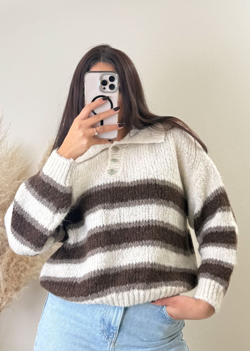 Kragen Pullover gestreift Beige