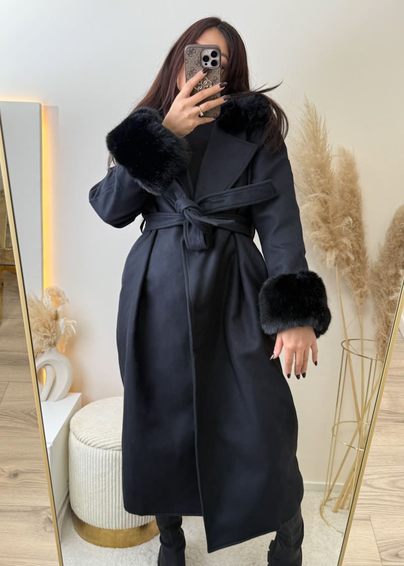 Mantel mit Kunstfell Schwarz