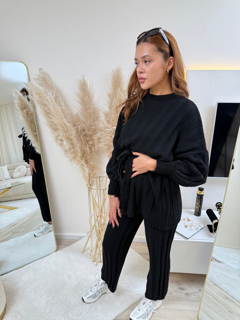 Strick-Set mit Stoffgürtel Schwarz