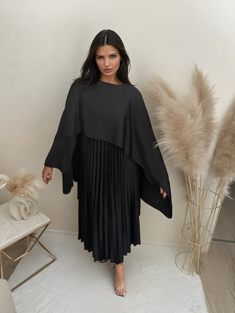 Satin Plissee Maxikleid Schwarz