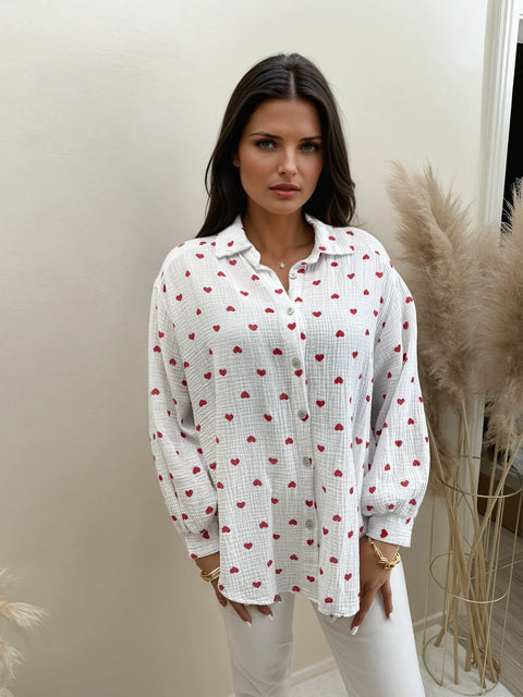 Musselin Bluse mit Herzen Print Rot