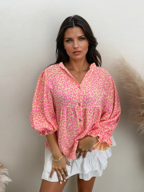 Musselin Oversize Bluse Leo Pink