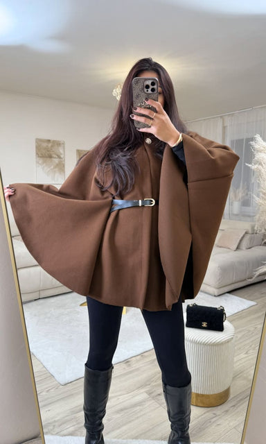 Poncho mit Gürtel Braun