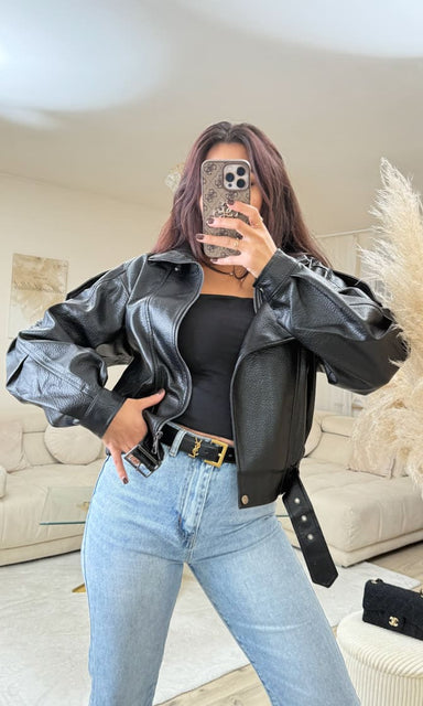 Oversize Leder Jacke Schwarz