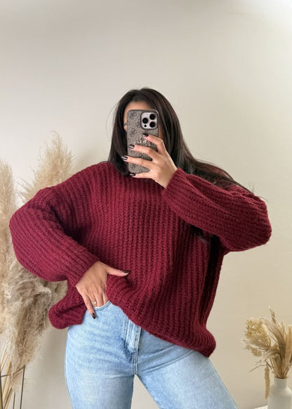 Rollkragen Strick Pullover Bordeaux