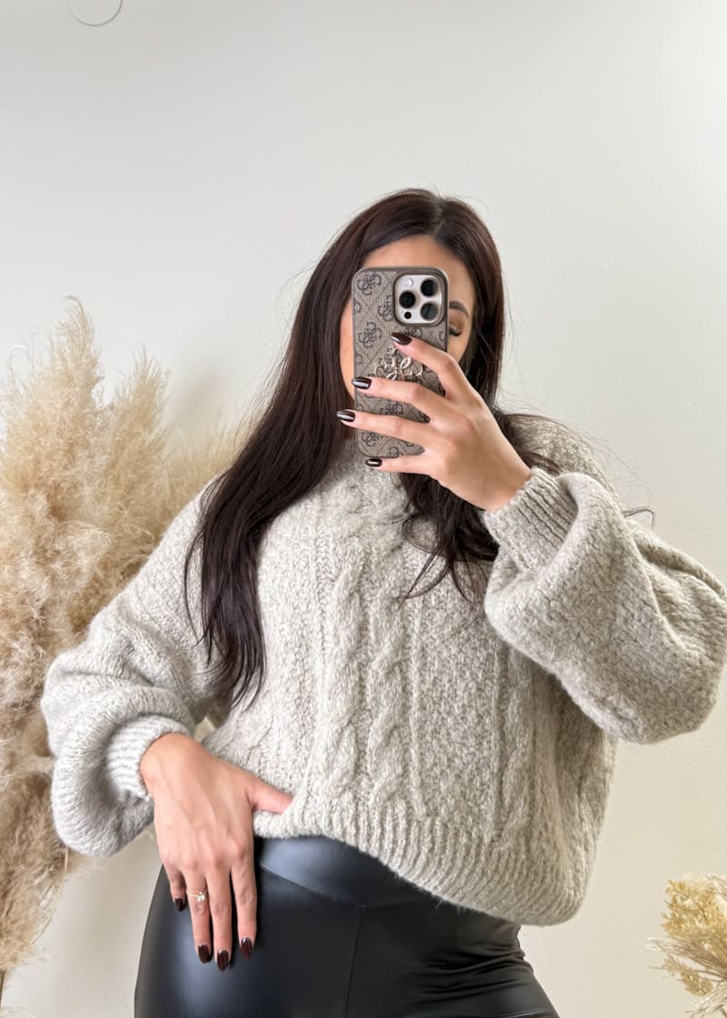 Zopfmuster Pullover Kurz Taupe