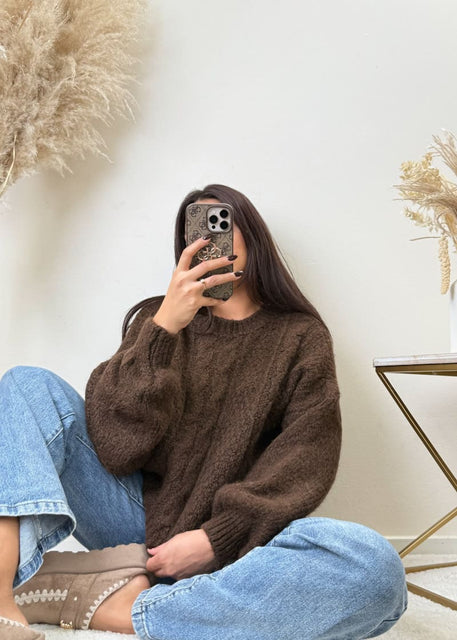 Zopfmuster Pullover Kurz Dunkelbraun