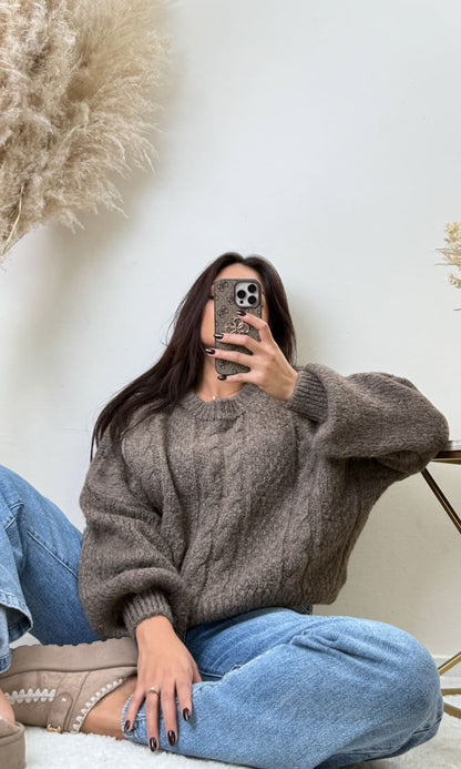 Zopfmuster Pullover Kurz Hellbraun