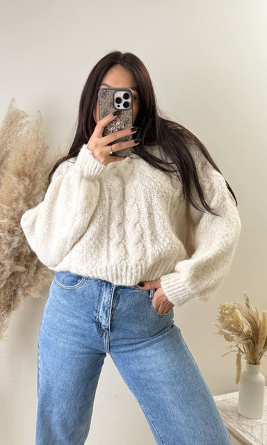 Zopfmuster Pullover Kurz Beige