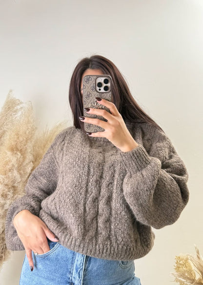 Zopfmuster Pullover Kurz Hellbraun