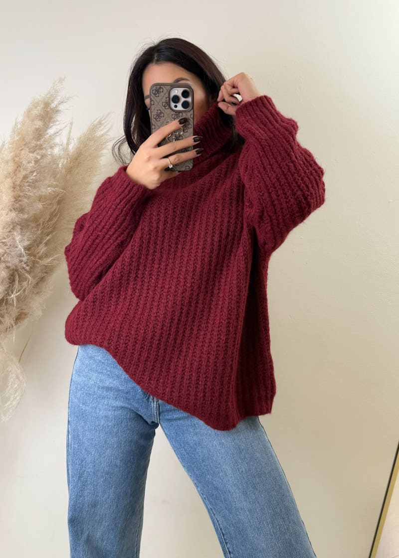 Rollkragen Strick Pullover Bordeaux
