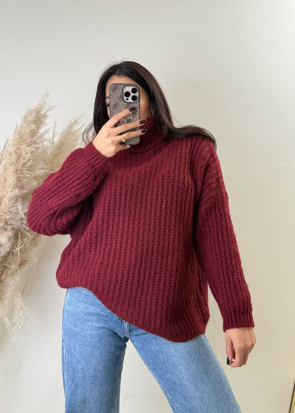 Rollkragen Strick Pullover Bordeaux