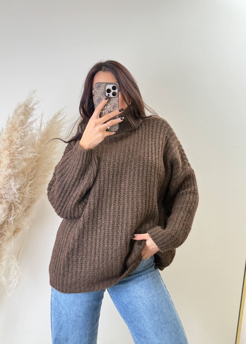 Rollkragen Strick Pullover Braun