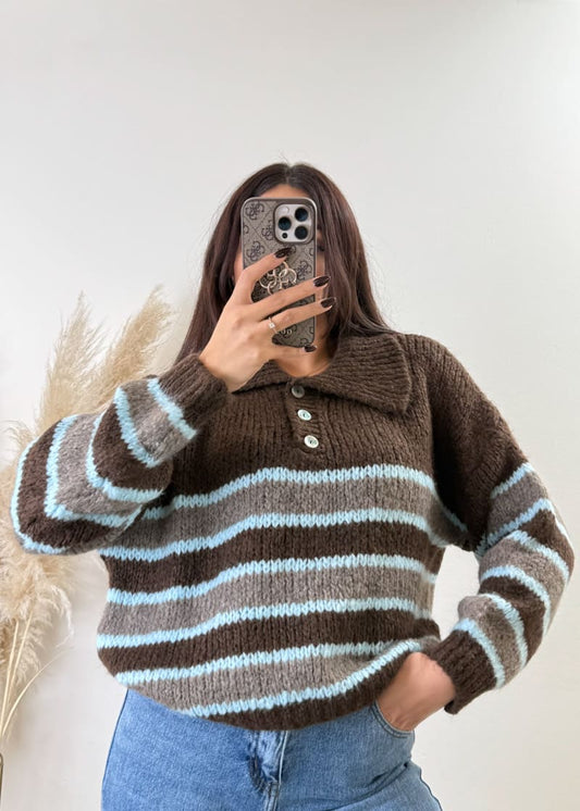 Kragen Pullover gestreift Braun