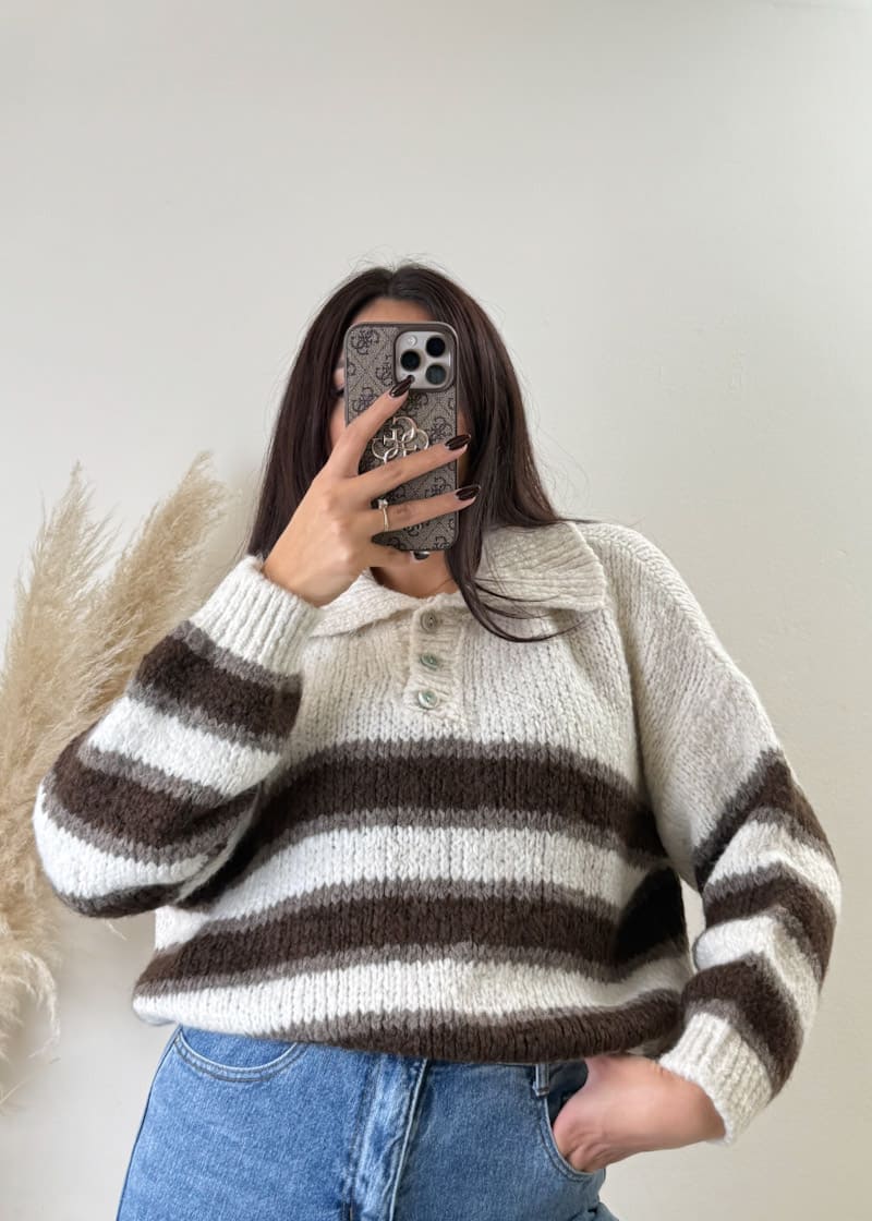 Kragen Pullover gestreift Beige