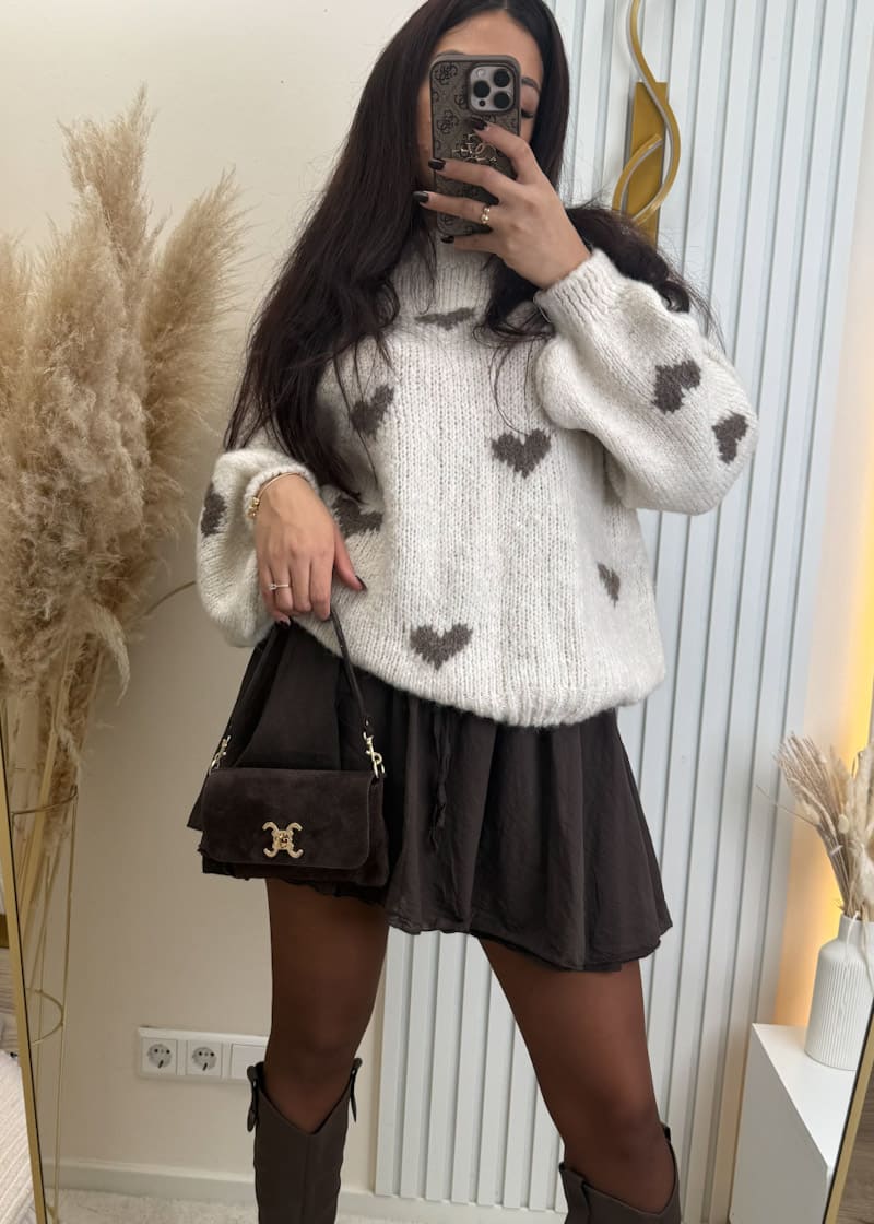 Oversize Pullover mit Herzen Beige