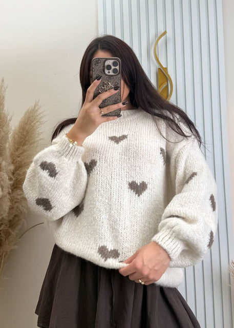 Oversize Pullover mit Herzen Beige