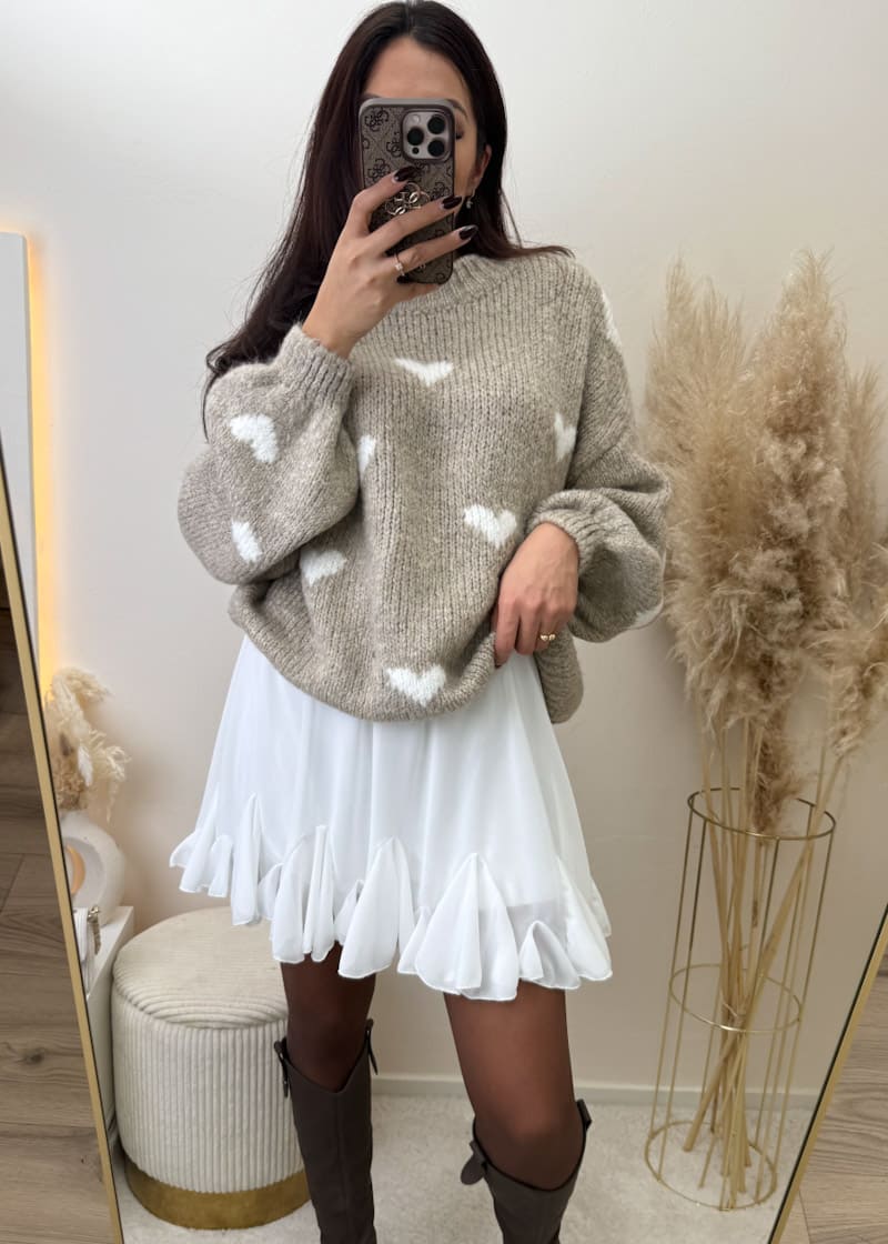 Oversize Pullover mit Herzen Taupe