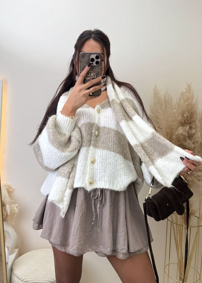 Streifen Cardigan mit Schal Beige