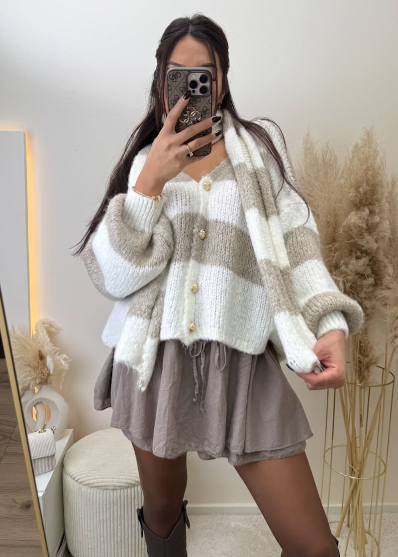 Streifen Cardigan mit Schal Beige