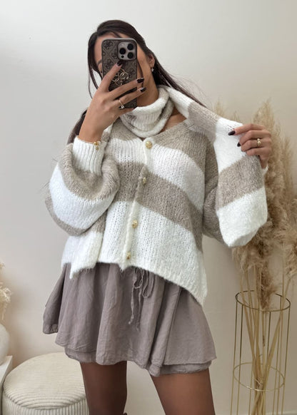 Streifen Cardigan mit Schal Beige