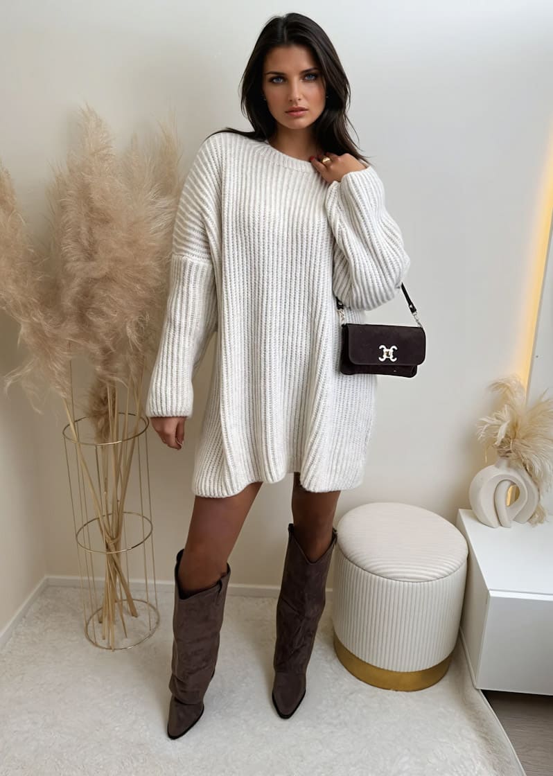 Langer Strick Pullover Beige