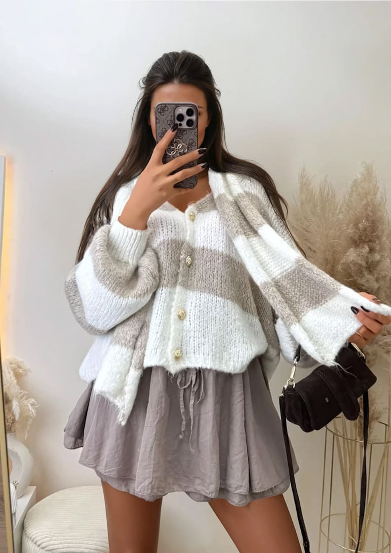 Streifen Cardigan mit Schal Beige