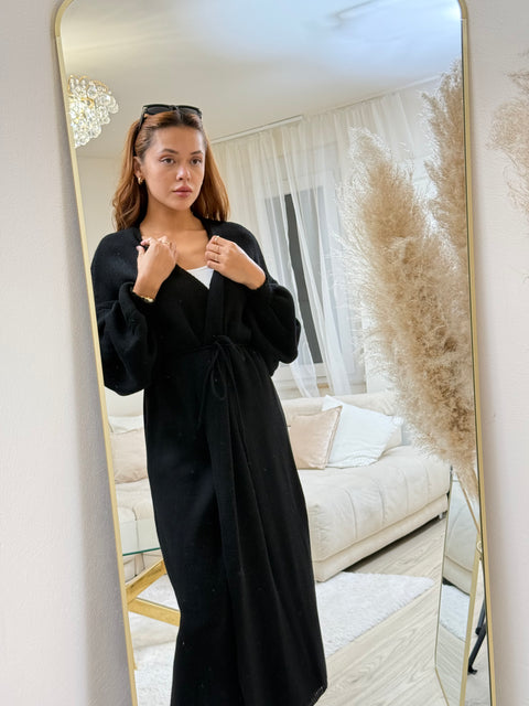 Wickel-Strickkleid Lang Schwarz