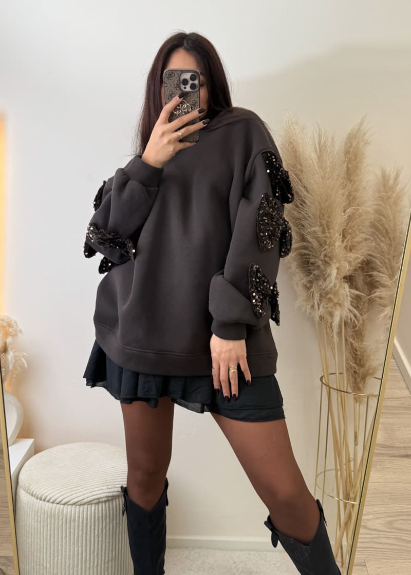 Sweatshirt mit Schleifen Pailletten Braun