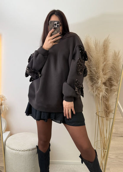 Sweatshirt mit Schleifen Pailletten Braun