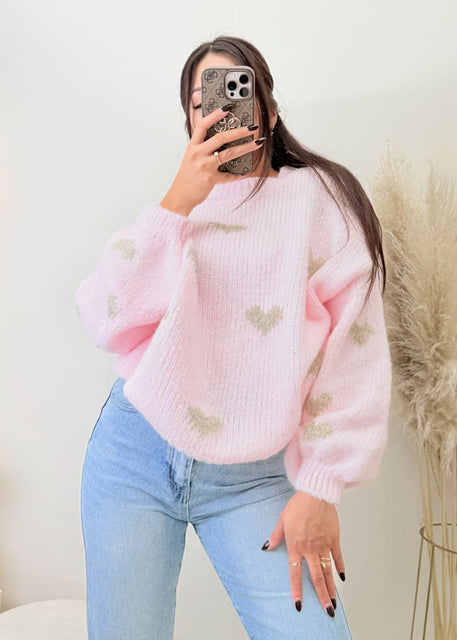 Oversize Pullover mit Herzen Rosa