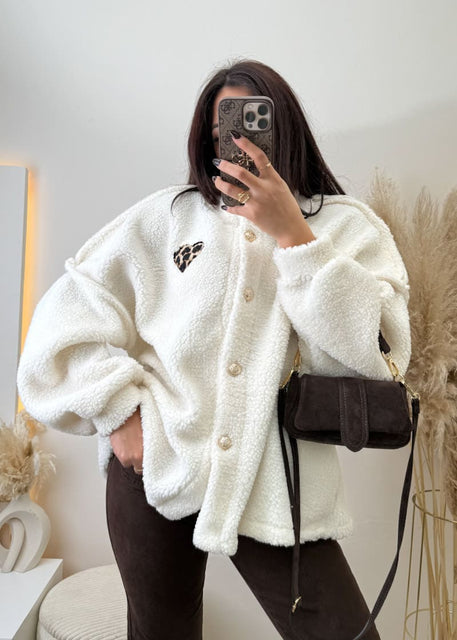 Teddyfell Cardigan Leoherz Weiß