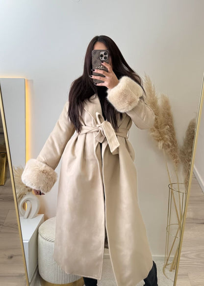 Mantel mit Kunstfell Beige