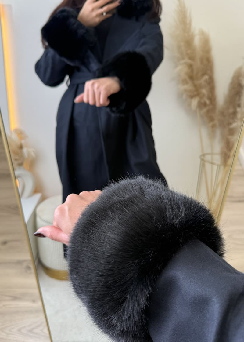 Mantel mit Kunstfell Schwarz