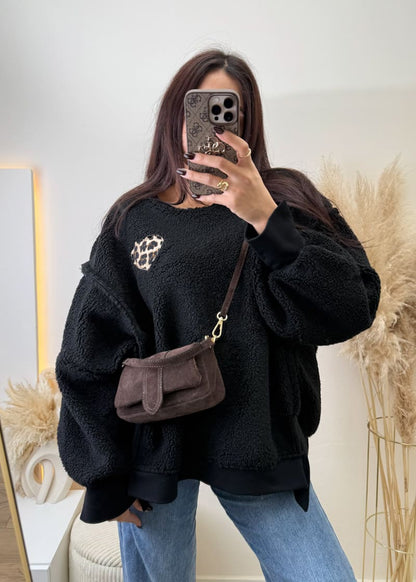 Teddyfell Oversize Sweatshirt Leoherz Schwarz