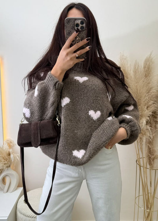 Oversize Pullover mit Herzen Hellbraun