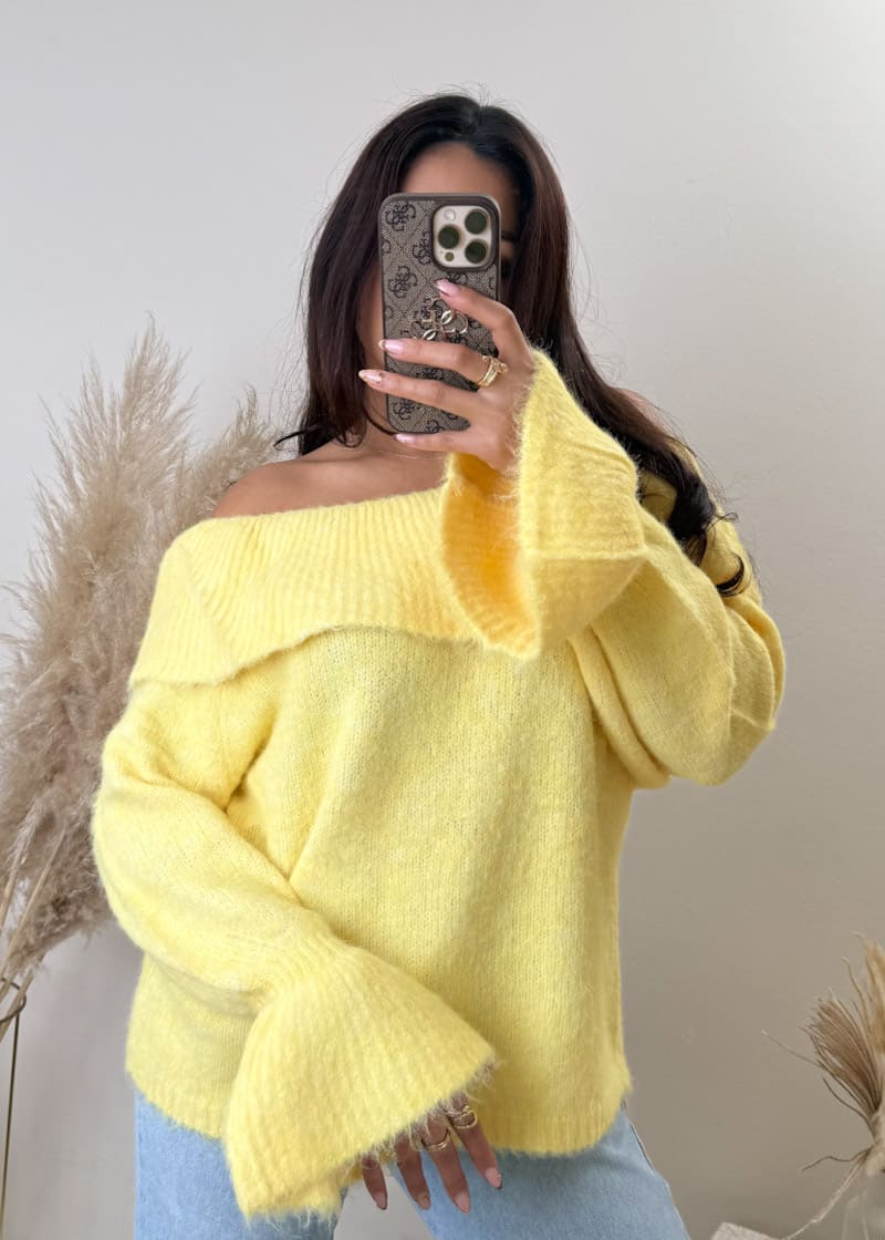 Off Shoulder Feinstrick Pullover Gelb