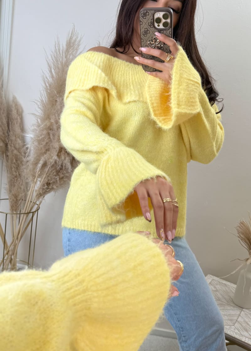 Off Shoulder Feinstrick Pullover Gelb
