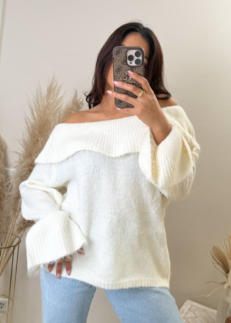 Off Shoulder Feinstrick Pullover Weiß