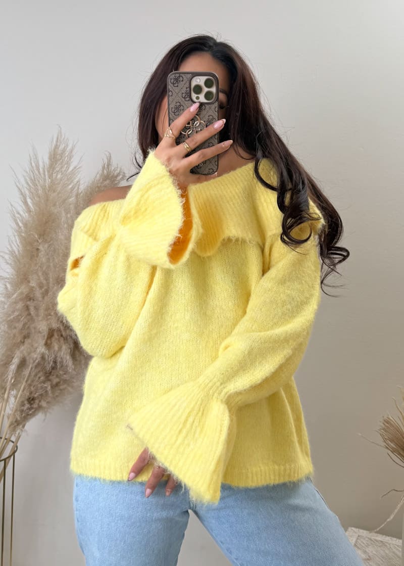 Off Shoulder Feinstrick Pullover Gelb