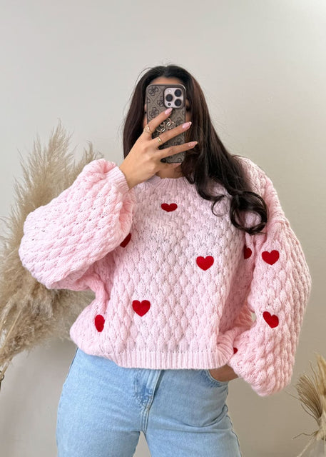 Kurzer Oversize Pullover mit Herzen Rosa