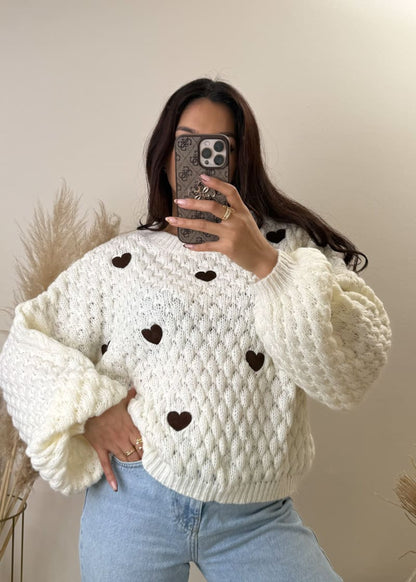 Kurzer Oversize Pullover mit Herzen Weiß