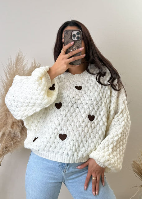 Kurzer Oversize Pullover mit Herzen Weiß