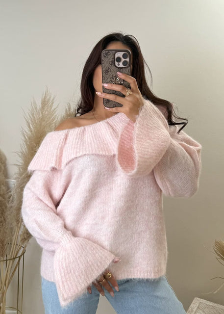 Off Shoulder Feinstrick Pullover Rosa
