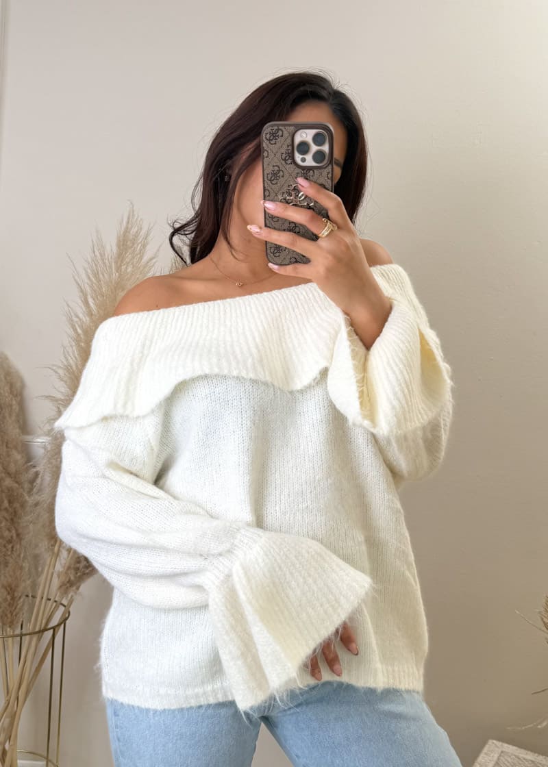 Off Shoulder Feinstrick Pullover Weiß