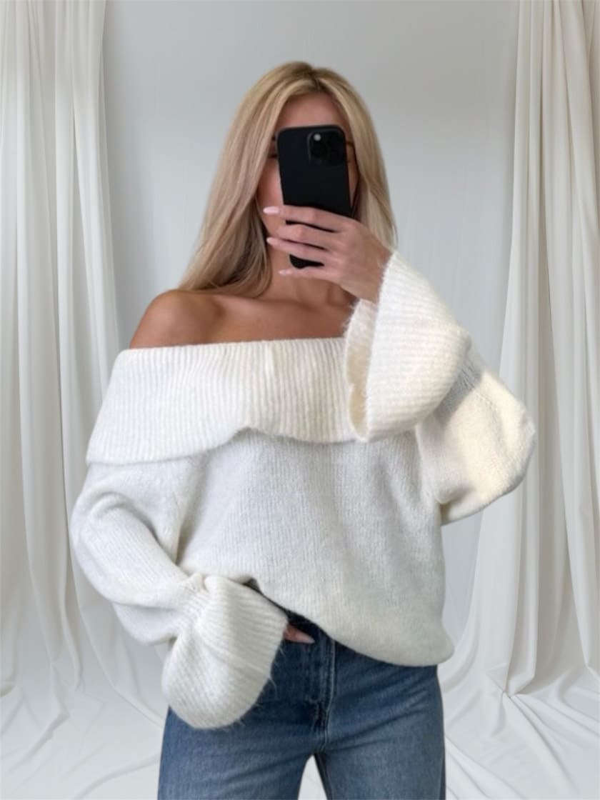 Off Shoulder Feinstrick Pullover Weiß