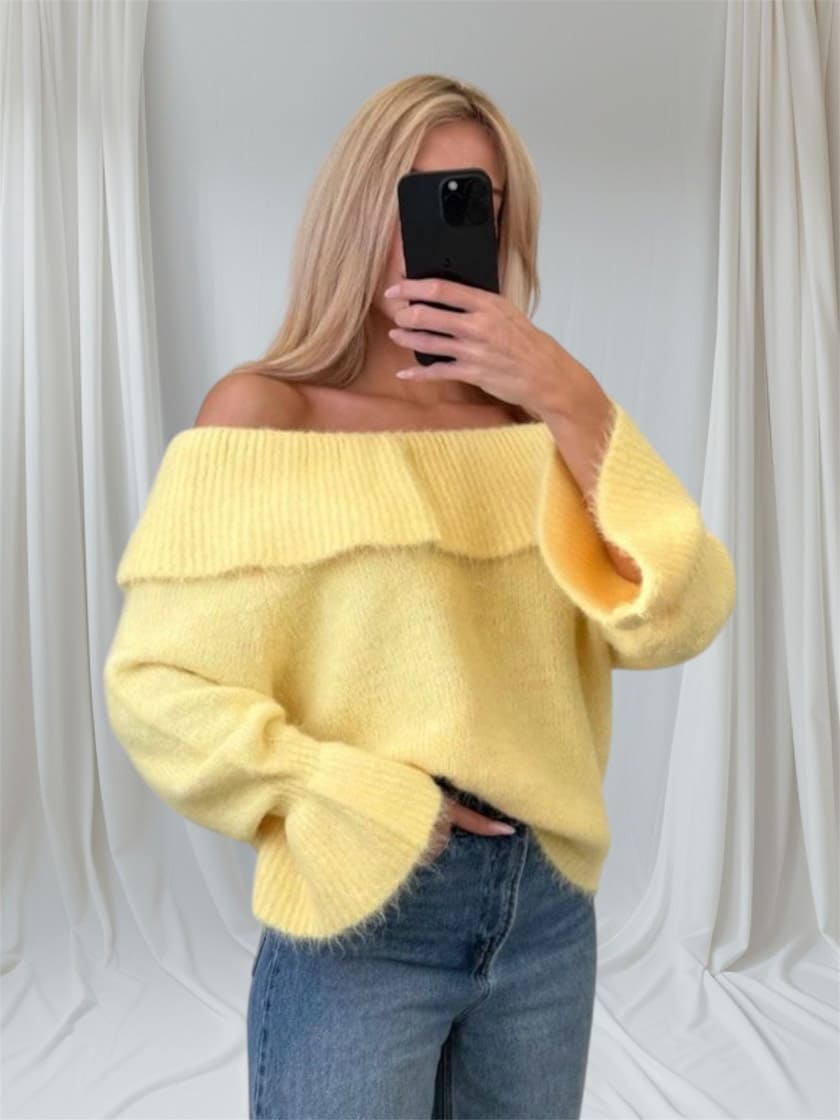 Off Shoulder Feinstrick Pullover Gelb