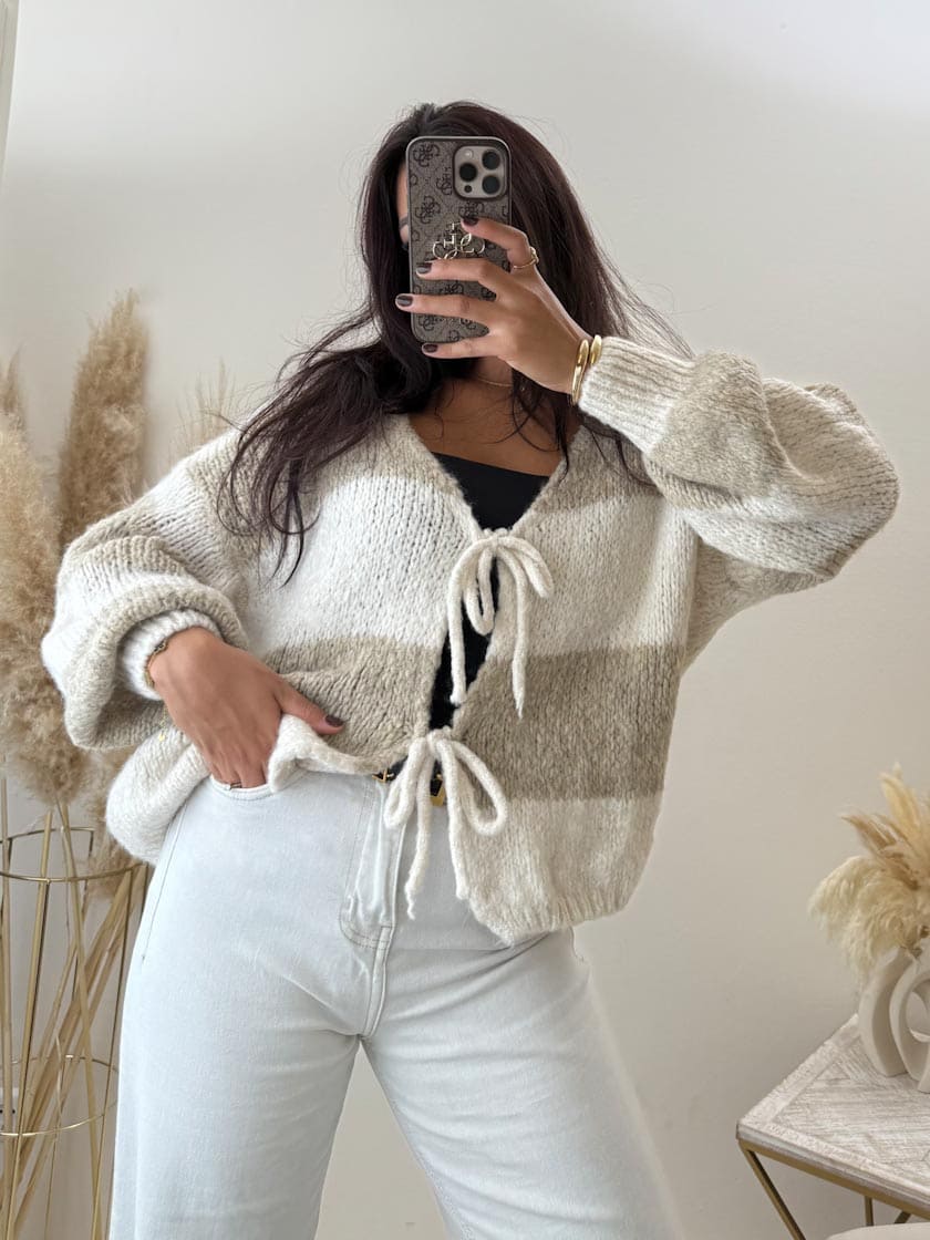 Schleifen Cardigan gestreift Beige